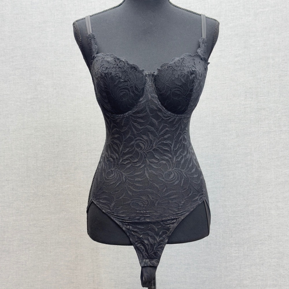 Victorias Secret Black‎ Lace Underwire Bodysuit Thong Garter Straps Lingerie 36D
